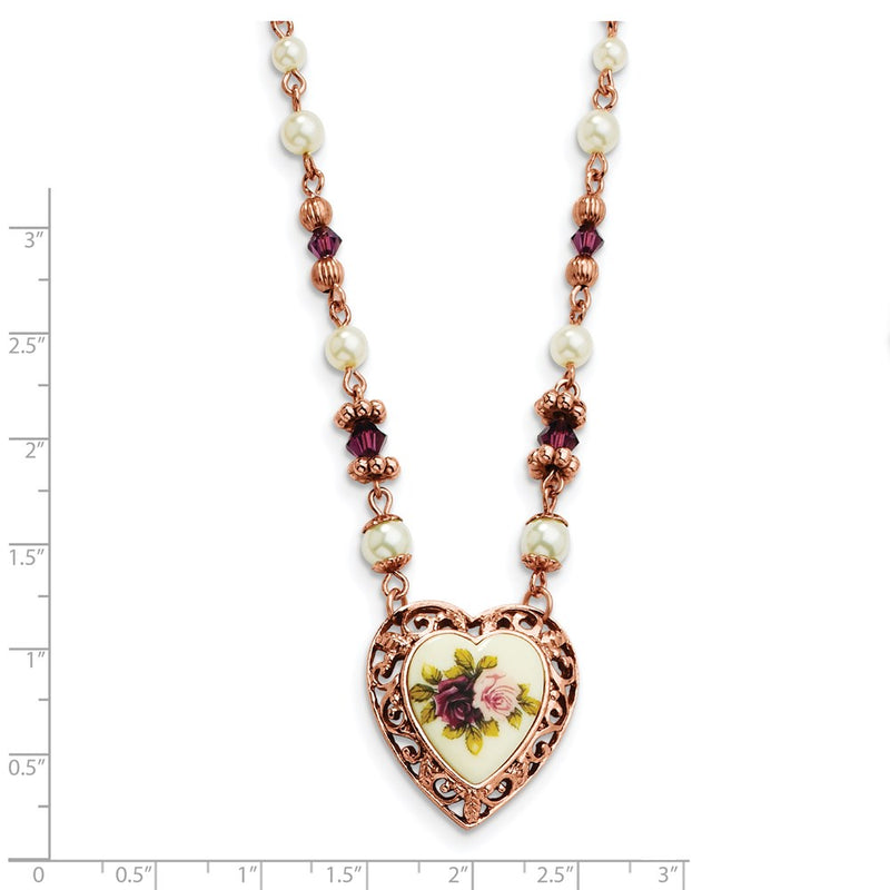 Fashion 1928 Jewelry Rose-Tone Heart Filigree Frame Purple Faceted Crystal Bead Imitation Pearl Rose Floral Motif 15 Inch Necklace