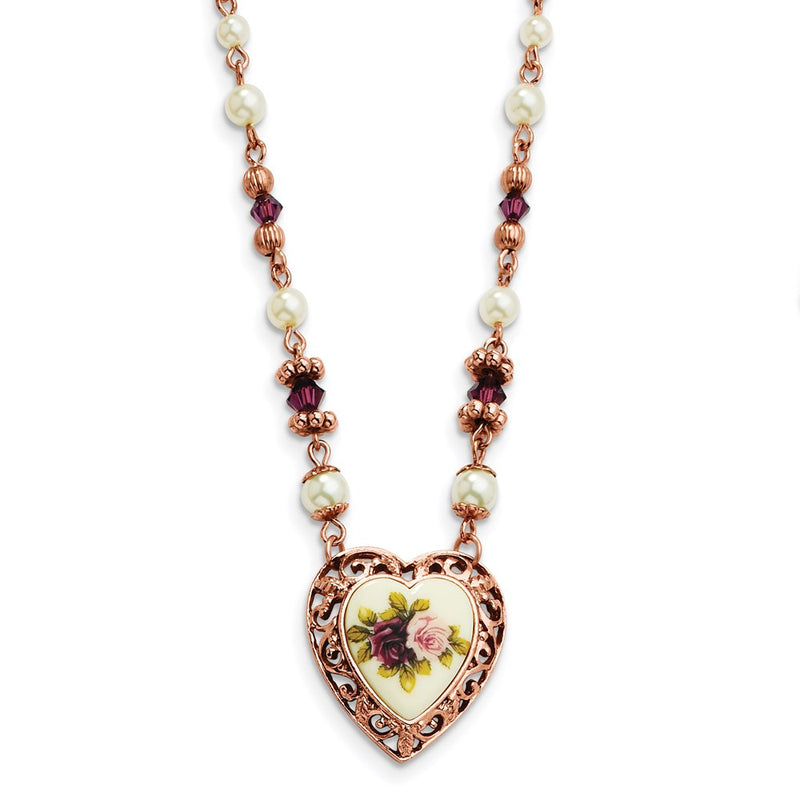 Fashion 1928 Jewelry Rose-Tone Heart Filigree Frame Purple Faceted Crystal Bead Imitation Pearl Rose Floral Motif 15 Inch Necklace