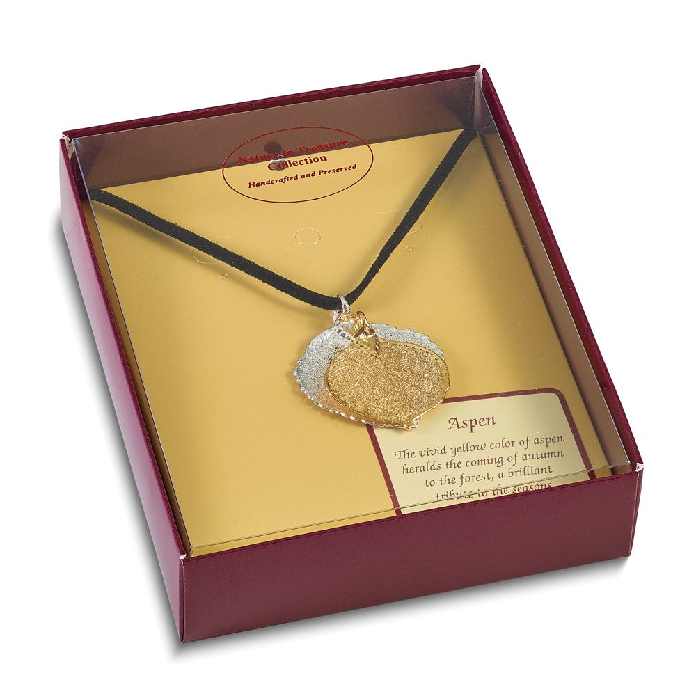 Fashion Silver And 24K Gold Dipped Double Real Aspen Leaves 20 Inch Leather Cord Necklace