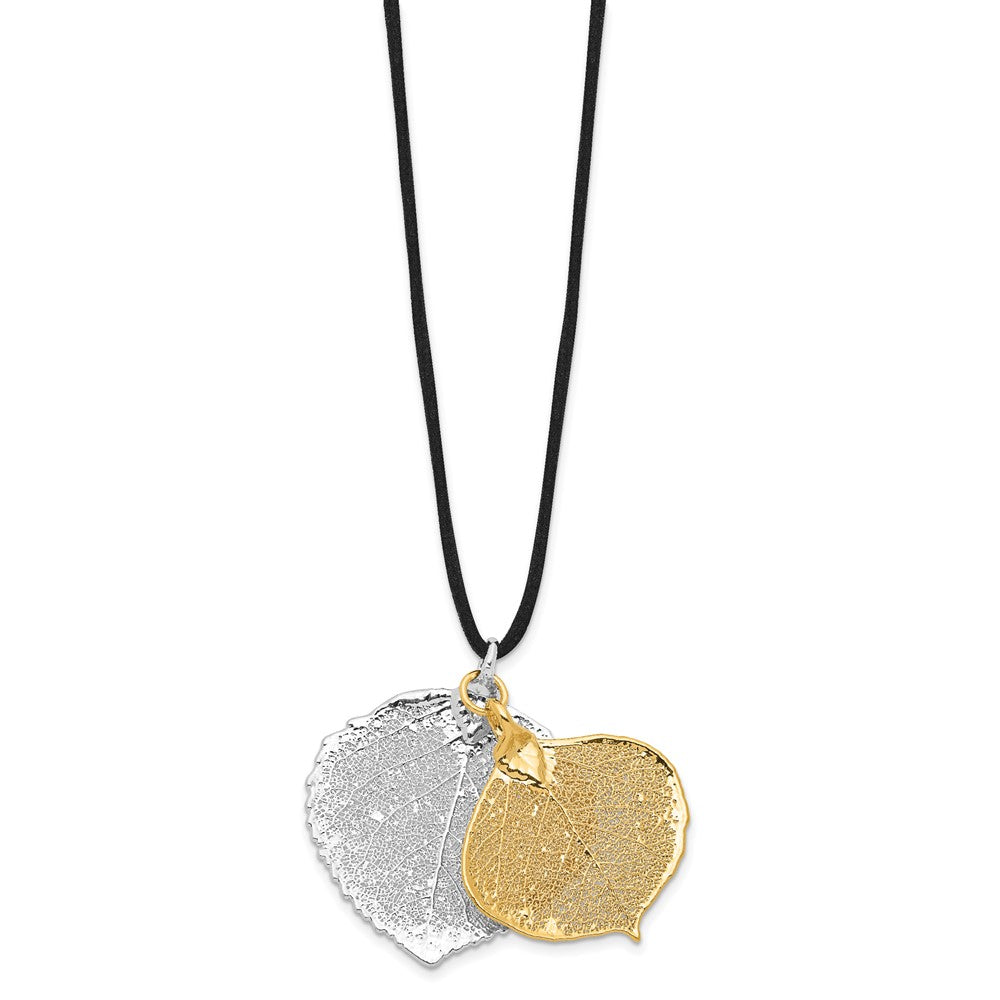 Fashion Silver And 24K Gold Dipped Double Real Aspen Leaves 20 Inch Leather Cord Necklace