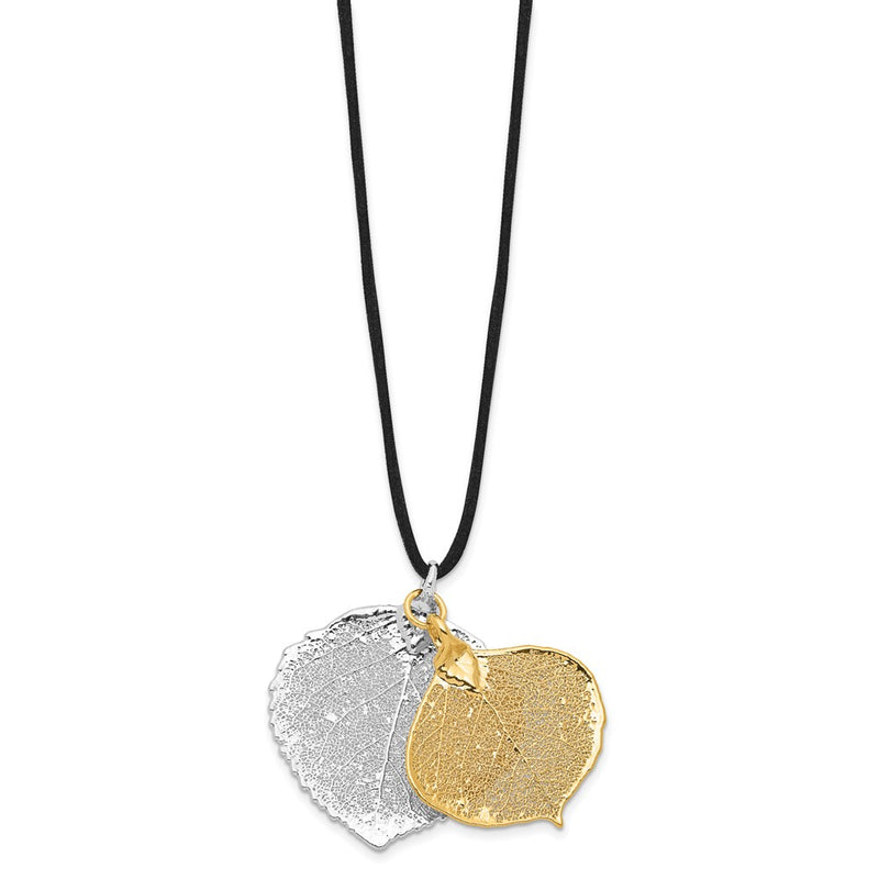 Fashion Silver And 24K Gold Dipped Double Real Aspen Leaves 20 Inch Leather Cord Necklace