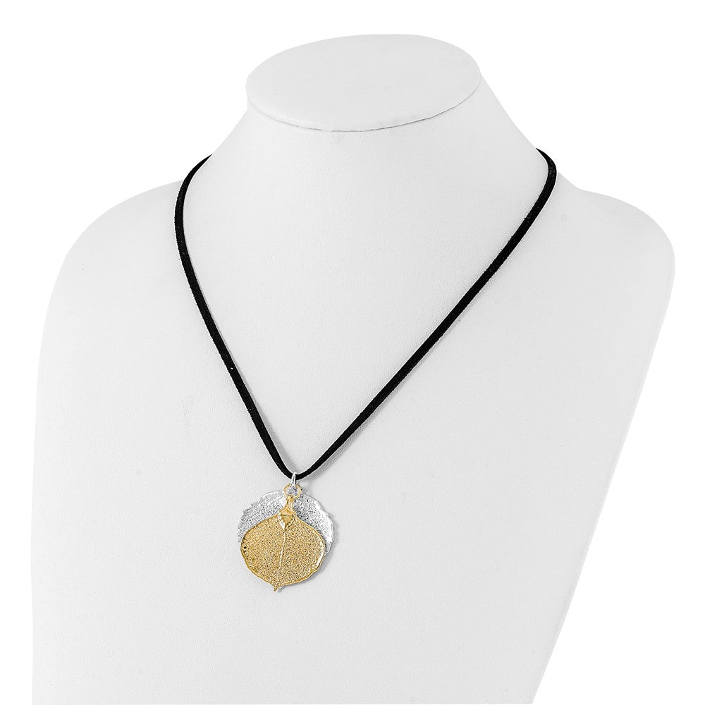 Fashion Silver And 24K Gold Dipped Double Real Aspen Leaves 20 Inch Leather Cord Necklace