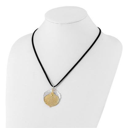 Fashion Silver And 24K Gold Dipped Double Real Aspen Leaves 20 Inch Leather Cord Necklace