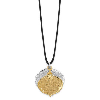 Fashion Silver And 24K Gold Dipped Double Real Aspen Leaves 20 Inch Leather Cord Necklace