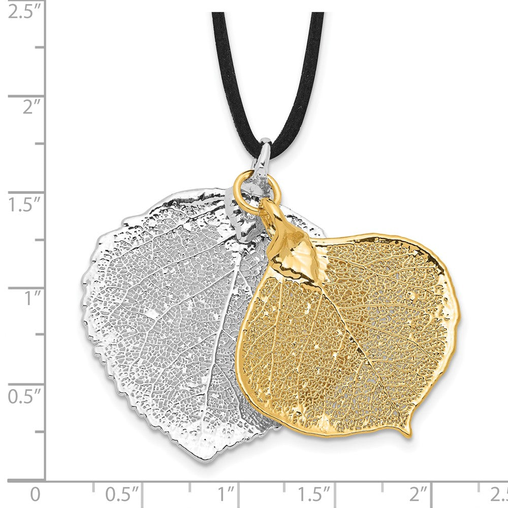 Fashion Silver And 24K Gold Dipped Double Real Aspen Leaves 20 Inch Leather Cord Necklace