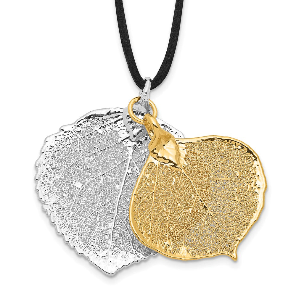 Fashion Silver And 24K Gold Dipped Double Real Aspen Leaves 20 Inch Leather Cord Necklace