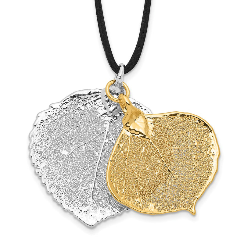 Fashion Silver And 24K Gold Dipped Double Real Aspen Leaves 20 Inch Leather Cord Necklace