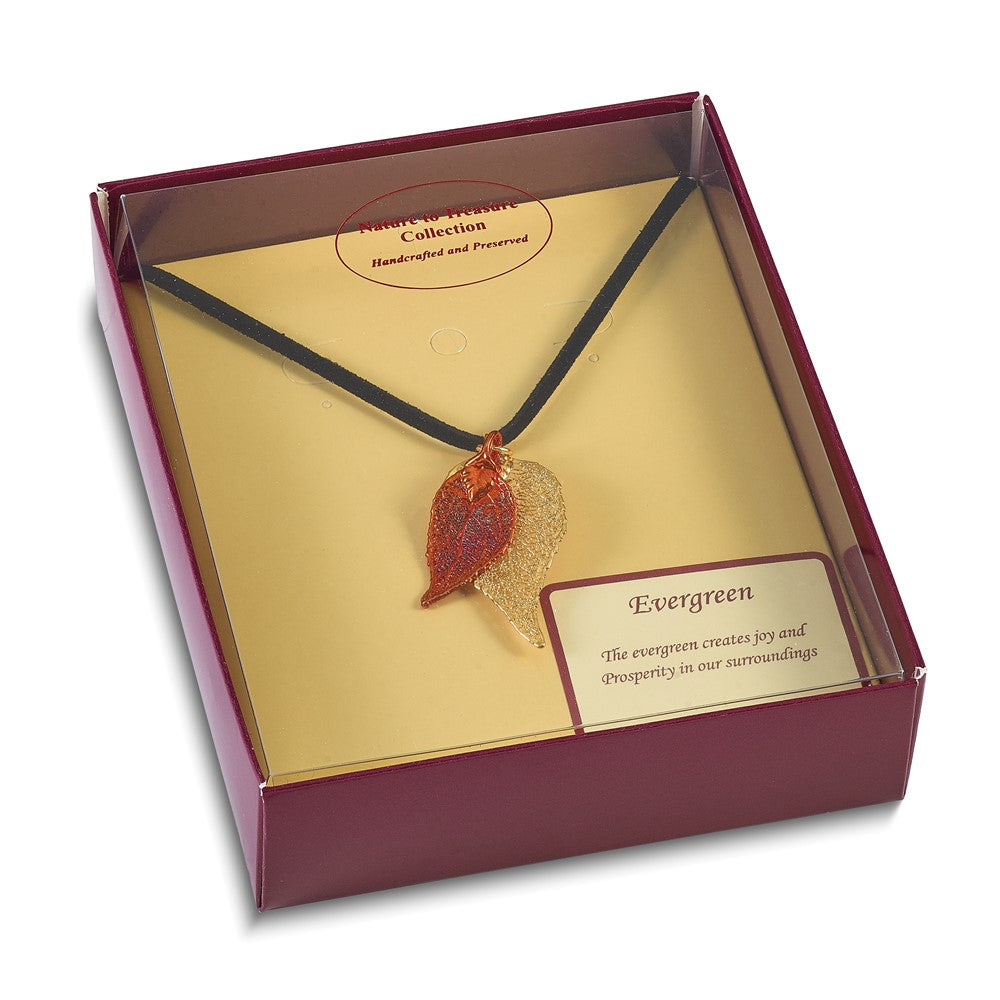 Fashion 24K Gold And Iridescent Copper Dipped Double Real Evergreen Leaves 20 Inch Leather Cord Necklace