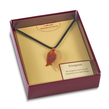 Fashion 24K Gold And Iridescent Copper Dipped Double Real Evergreen Leaves 20 Inch Leather Cord Necklace