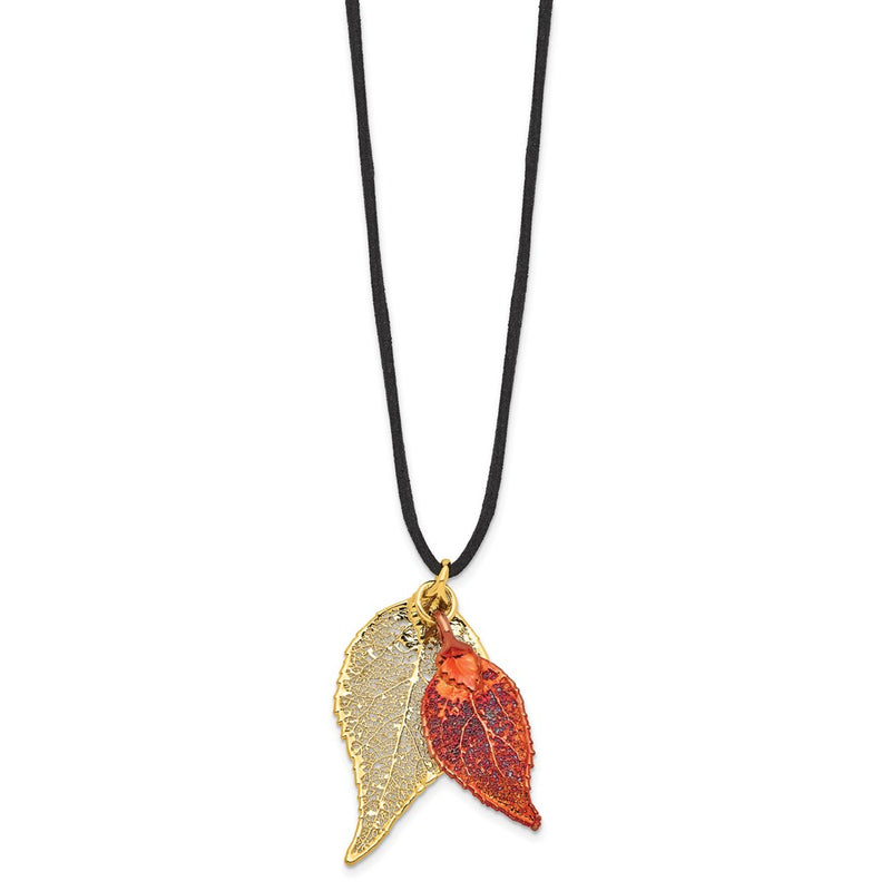 Fashion 24K Gold And Iridescent Copper Dipped Double Real Evergreen Leaves 20 Inch Leather Cord Necklace