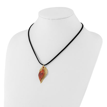 Fashion 24K Gold And Iridescent Copper Dipped Double Real Evergreen Leaves 20 Inch Leather Cord Necklace