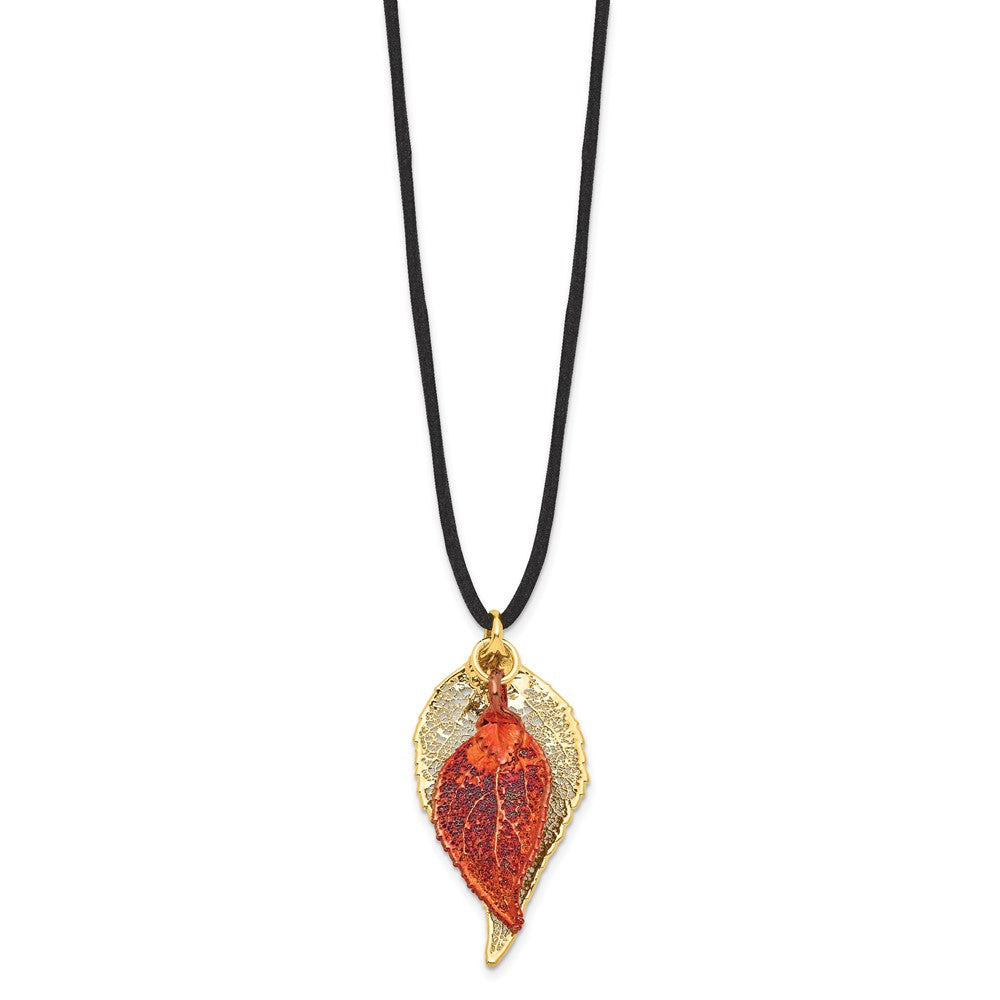Fashion 24K Gold And Iridescent Copper Dipped Double Real Evergreen Leaves 20 Inch Leather Cord Necklace