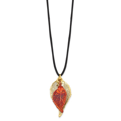 Fashion 24K Gold And Iridescent Copper Dipped Double Real Evergreen Leaves 20 Inch Leather Cord Necklace