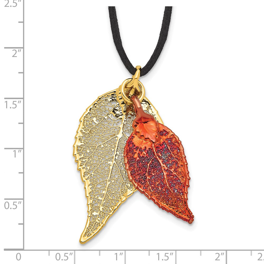 Fashion 24K Gold And Iridescent Copper Dipped Double Real Evergreen Leaves 20 Inch Leather Cord Necklace