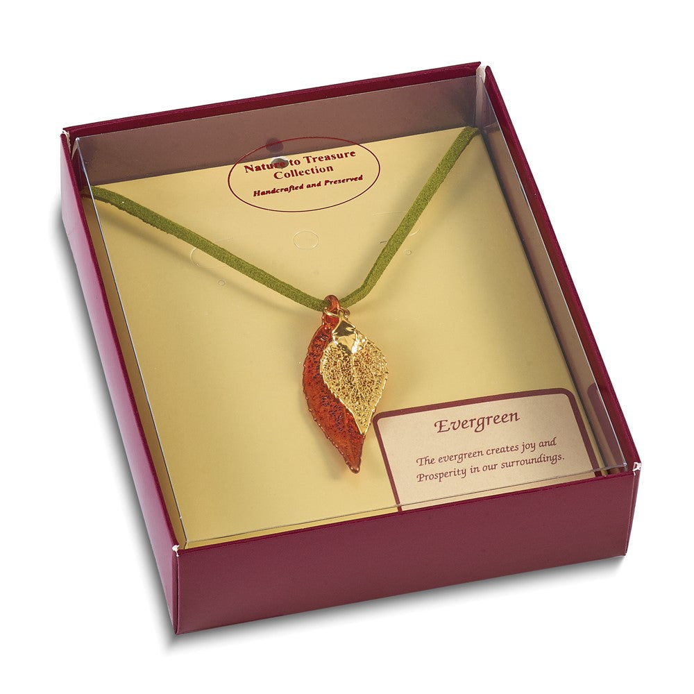 Fashion Iridescent Copper And 24K Gold Dipped Double Real Evergreen Leaves 20 Inch Leather Cord Necklace
