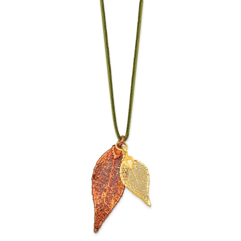Fashion Iridescent Copper And 24K Gold Dipped Double Real Evergreen Leaves 20 Inch Leather Cord Necklace