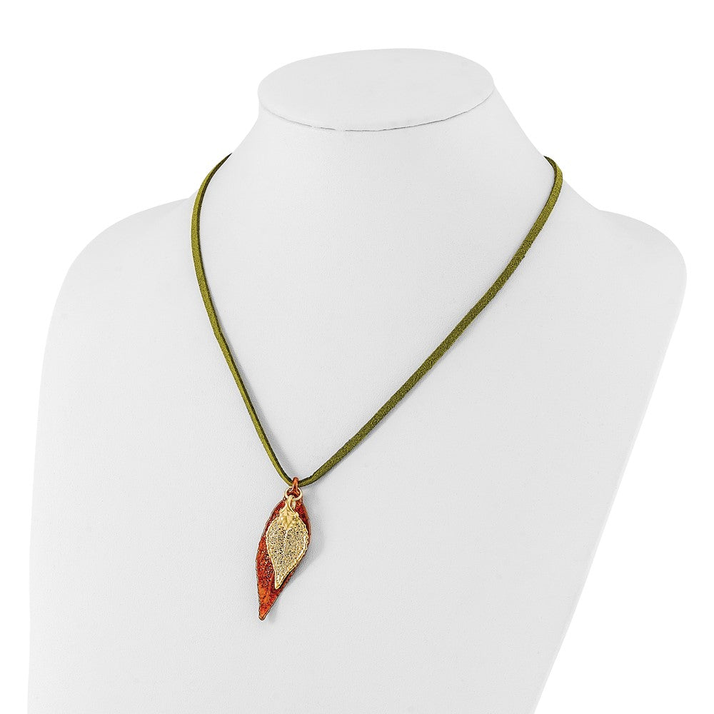 Fashion Iridescent Copper And 24K Gold Dipped Double Real Evergreen Leaves 20 Inch Leather Cord Necklace