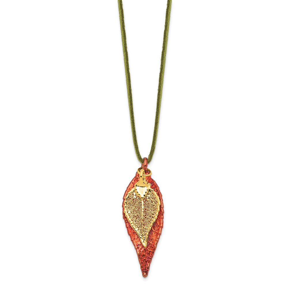 Fashion Iridescent Copper And 24K Gold Dipped Double Real Evergreen Leaves 20 Inch Leather Cord Necklace