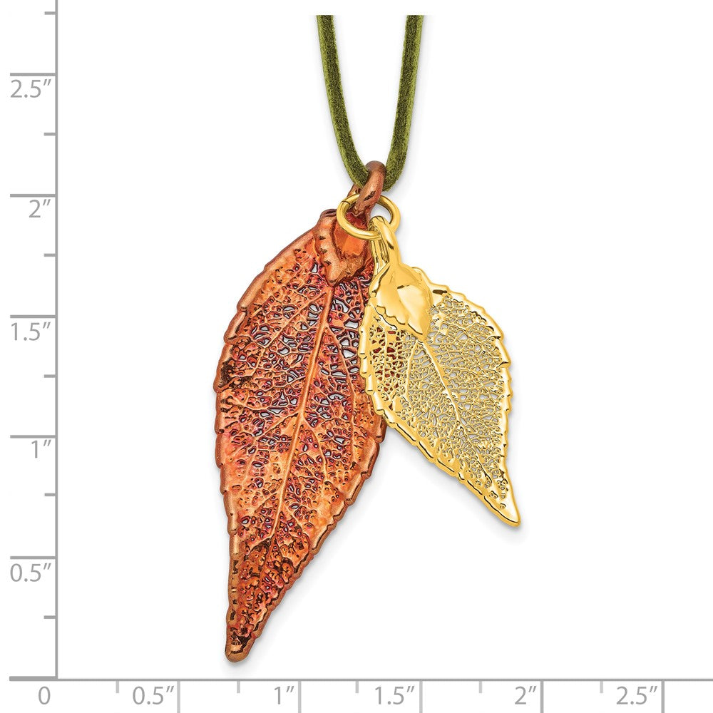 Fashion Iridescent Copper And 24K Gold Dipped Double Real Evergreen Leaves 20 Inch Leather Cord Necklace