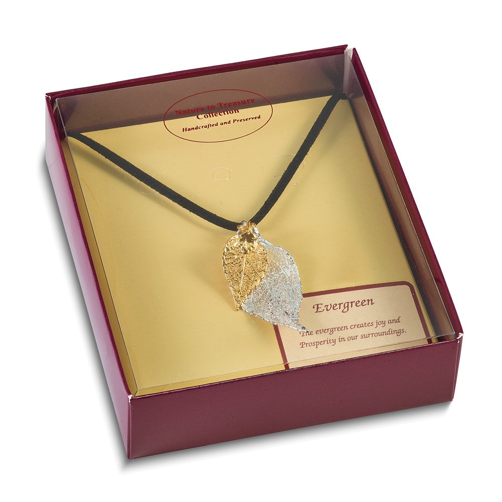 Fashion Silver And 24K Gold Dipped Double Real Evergreen Leaves 20 Inch Leather Cord Necklace