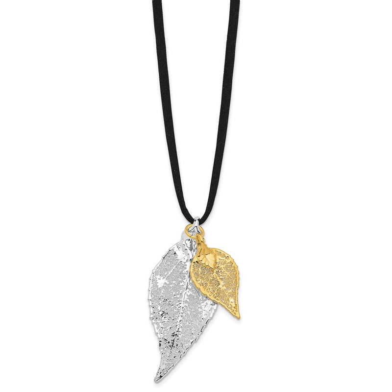 Fashion Silver And 24K Gold Dipped Double Real Evergreen Leaves 20 Inch Leather Cord Necklace