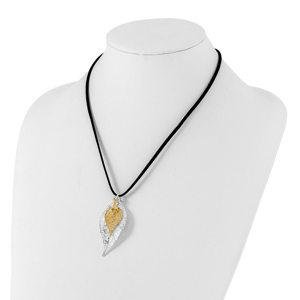 Fashion Silver And 24K Gold Dipped Double Real Evergreen Leaves 20 Inch Leather Cord Necklace