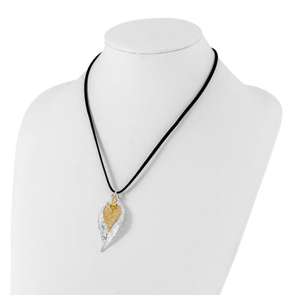 Fashion Silver And 24K Gold Dipped Double Real Evergreen Leaves 20 Inch Leather Cord Necklace