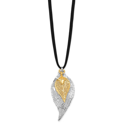 Fashion Silver And 24K Gold Dipped Double Real Evergreen Leaves 20 Inch Leather Cord Necklace