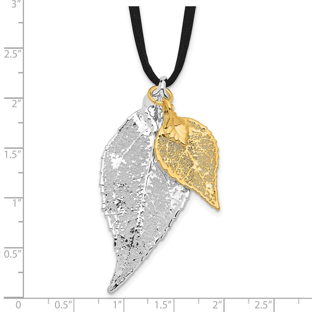 Fashion Silver And 24K Gold Dipped Double Real Evergreen Leaves 20 Inch Leather Cord Necklace