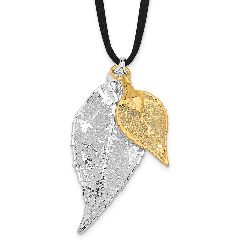 Fashion Silver And 24K Gold Dipped Double Real Evergreen Leaves 20 Inch Leather Cord Necklace