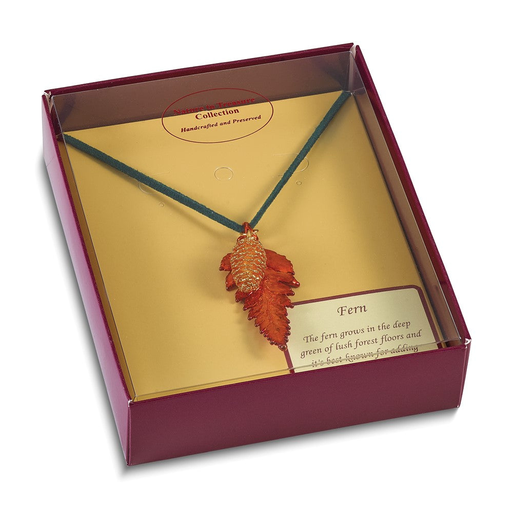 Fashion Iridescent Copper Real Fern Leaf And 24K Gold Dipped Pine Cone 20 Inch Leather Cord Necklace