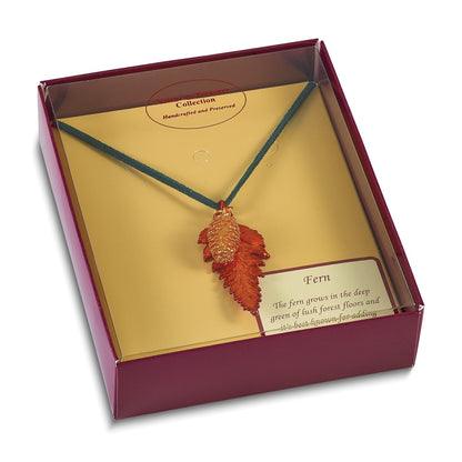 Fashion Iridescent Copper Real Fern Leaf And 24K Gold Dipped Pine Cone 20 Inch Leather Cord Necklace