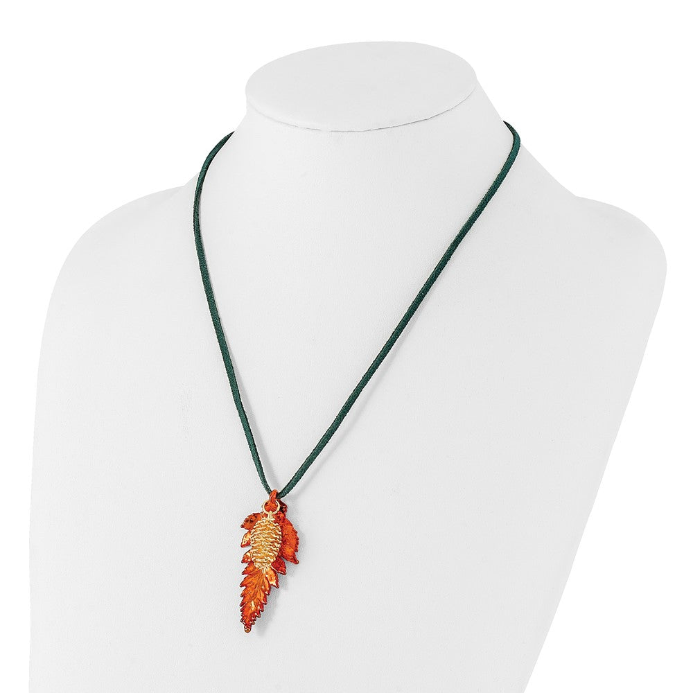 Fashion Iridescent Copper Real Fern Leaf And 24K Gold Dipped Pine Cone 20 Inch Leather Cord Necklace