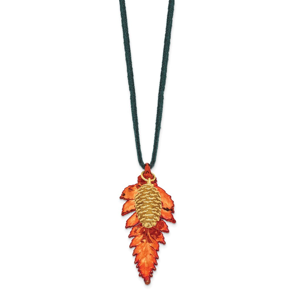 Fashion Iridescent Copper Real Fern Leaf And 24K Gold Dipped Pine Cone 20 Inch Leather Cord Necklace