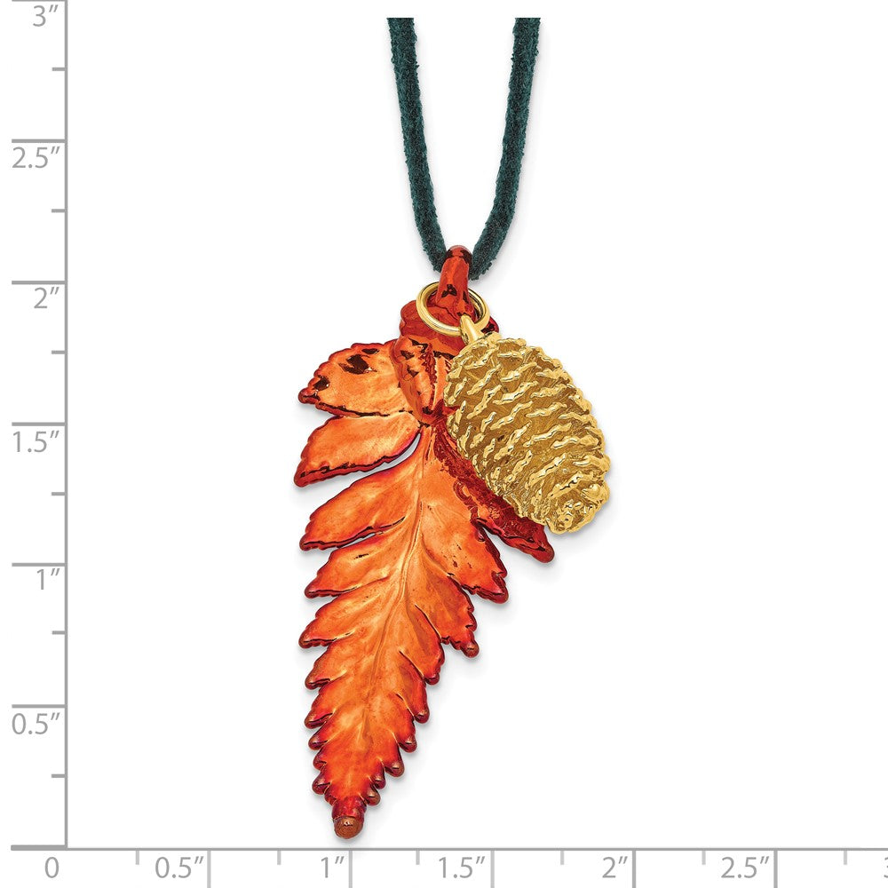 Fashion Iridescent Copper Real Fern Leaf And 24K Gold Dipped Pine Cone 20 Inch Leather Cord Necklace