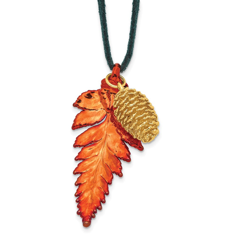 Fashion Iridescent Copper Real Fern Leaf And 24K Gold Dipped Pine Cone 20 Inch Leather Cord Necklace