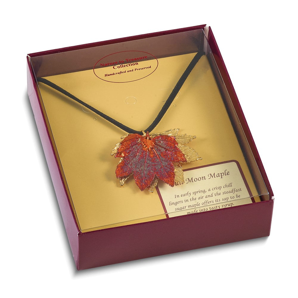 Fashion 24K Gold And Iridescent Copper Dipped Double Real Full Moon Maple Leaves 20 Inch Leather Cord Necklace