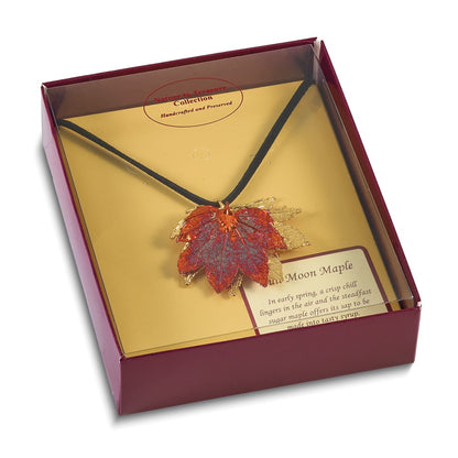 Fashion 24K Gold And Iridescent Copper Dipped Double Real Full Moon Maple Leaves 20 Inch Leather Cord Necklace