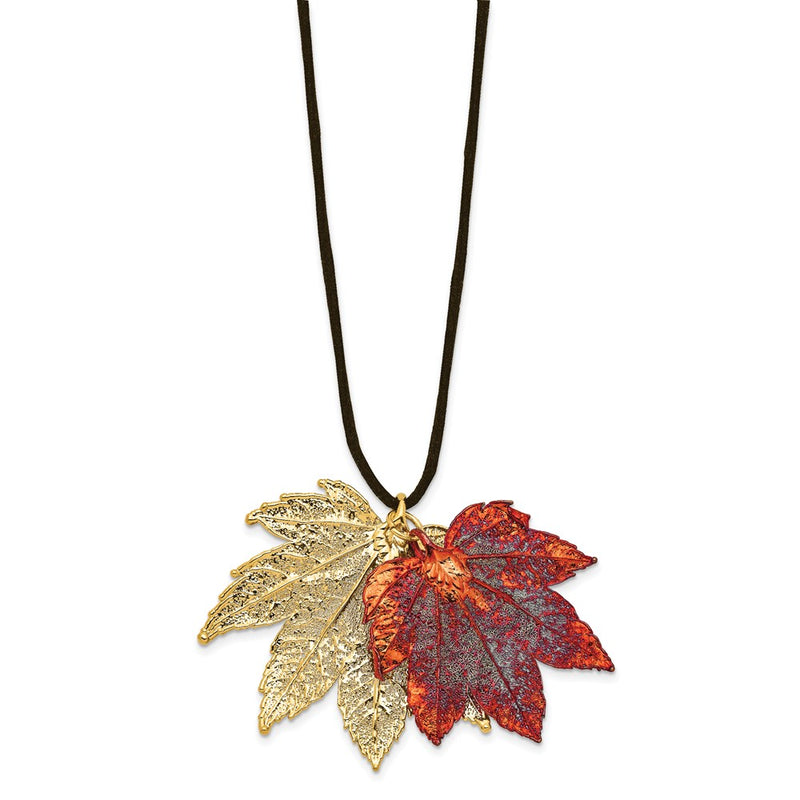 Fashion 24K Gold And Iridescent Copper Dipped Double Real Full Moon Maple Leaves 20 Inch Leather Cord Necklace