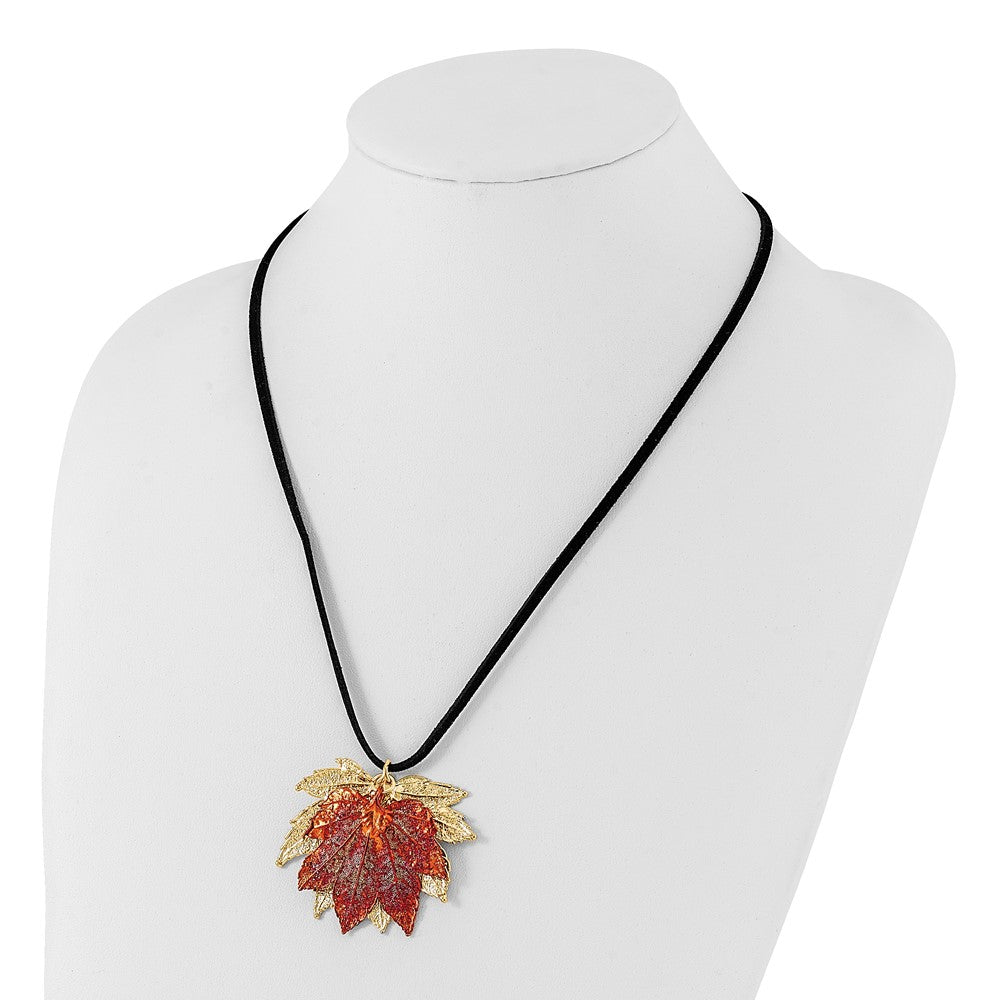 Fashion 24K Gold And Iridescent Copper Dipped Double Real Full Moon Maple Leaves 20 Inch Leather Cord Necklace