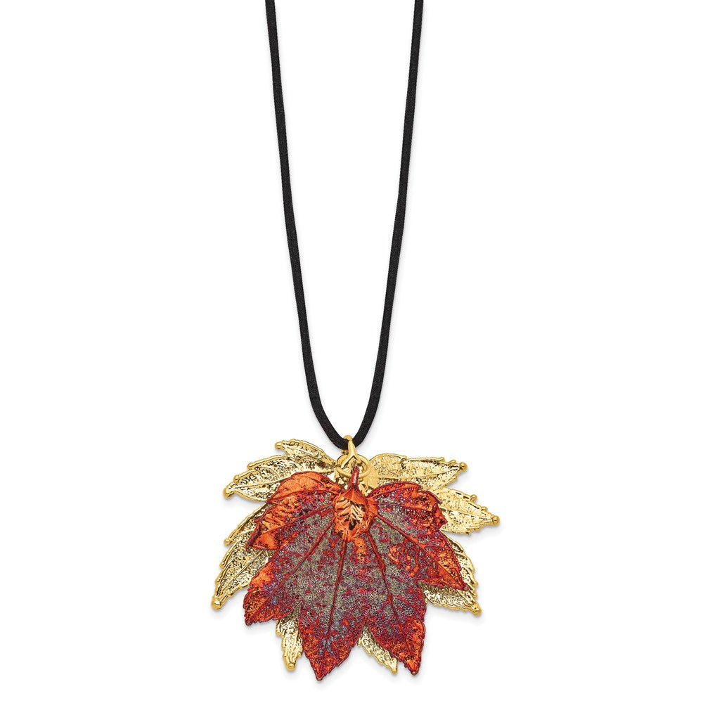 Fashion 24K Gold And Iridescent Copper Dipped Double Real Full Moon Maple Leaves 20 Inch Leather Cord Necklace
