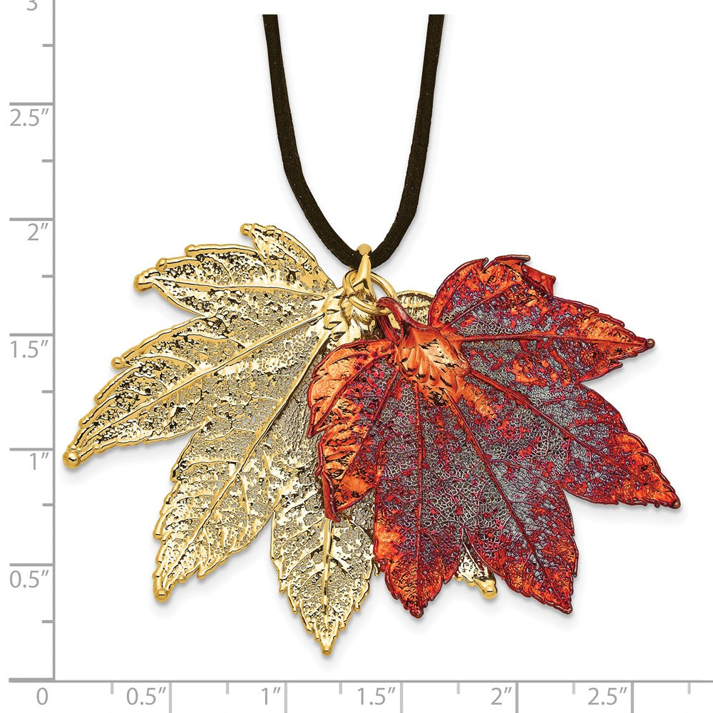 Fashion 24K Gold And Iridescent Copper Dipped Double Real Full Moon Maple Leaves 20 Inch Leather Cord Necklace