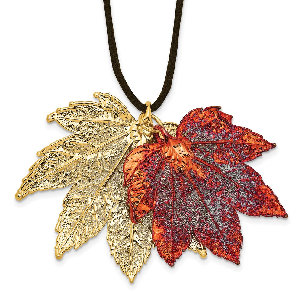 Fashion 24K Gold And Iridescent Copper Dipped Double Real Full Moon Maple Leaves 20 Inch Leather Cord Necklace