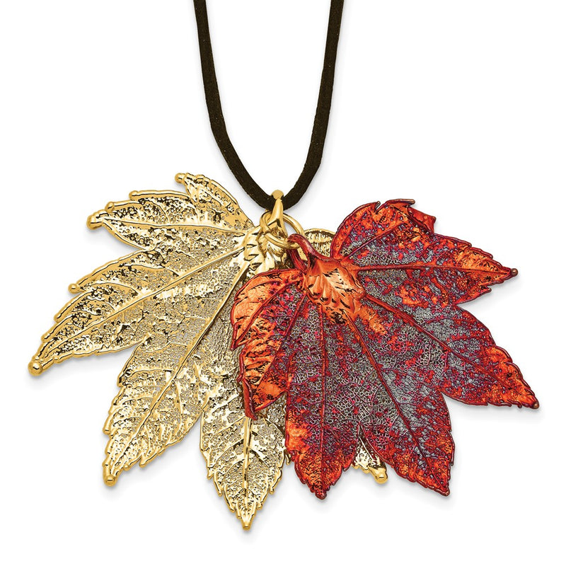 Fashion 24K Gold And Iridescent Copper Dipped Double Real Full Moon Maple Leaves 20 Inch Leather Cord Necklace
