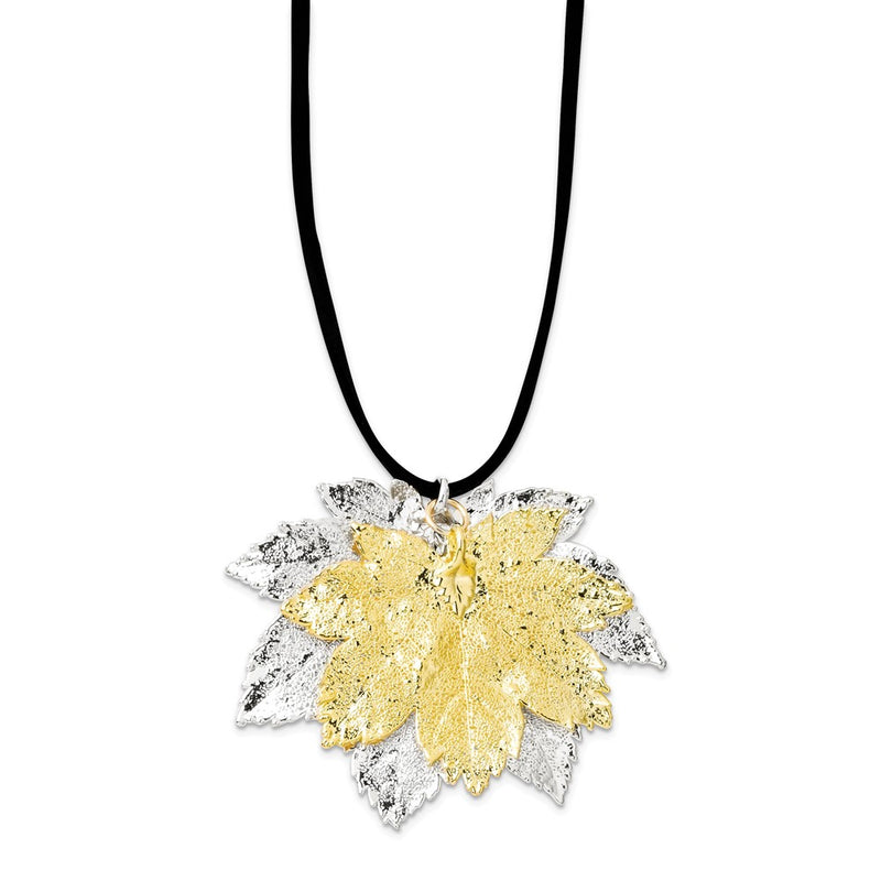 Fashion Silver And 24K Gold Dipped Double Real Full Moon Maple Leaves 20 Inch Leather Cord Necklace