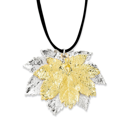 Fashion Silver And 24K Gold Dipped Double Real Full Moon Maple Leaves 20 Inch Leather Cord Necklace