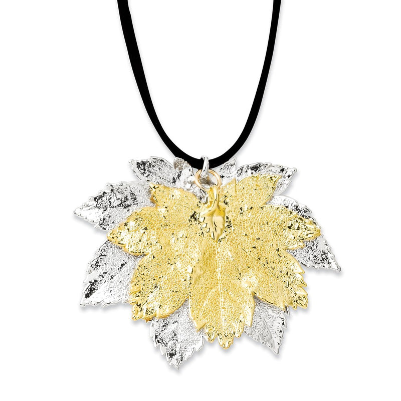 Fashion Silver And 24K Gold Dipped Double Real Full Moon Maple Leaves 20 Inch Leather Cord Necklace