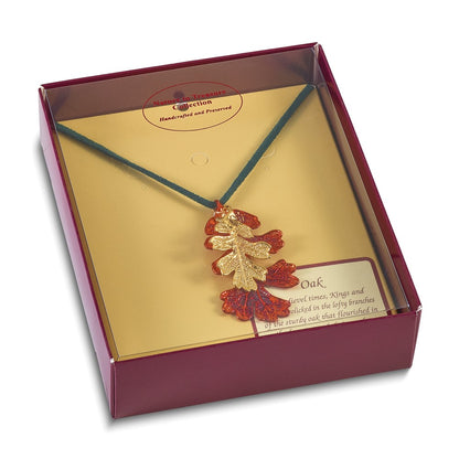 Fashion Iridescent Copper And 24K Gold Dipped Double Real Oak Leaves 20 Inch Leather Cord Necklace