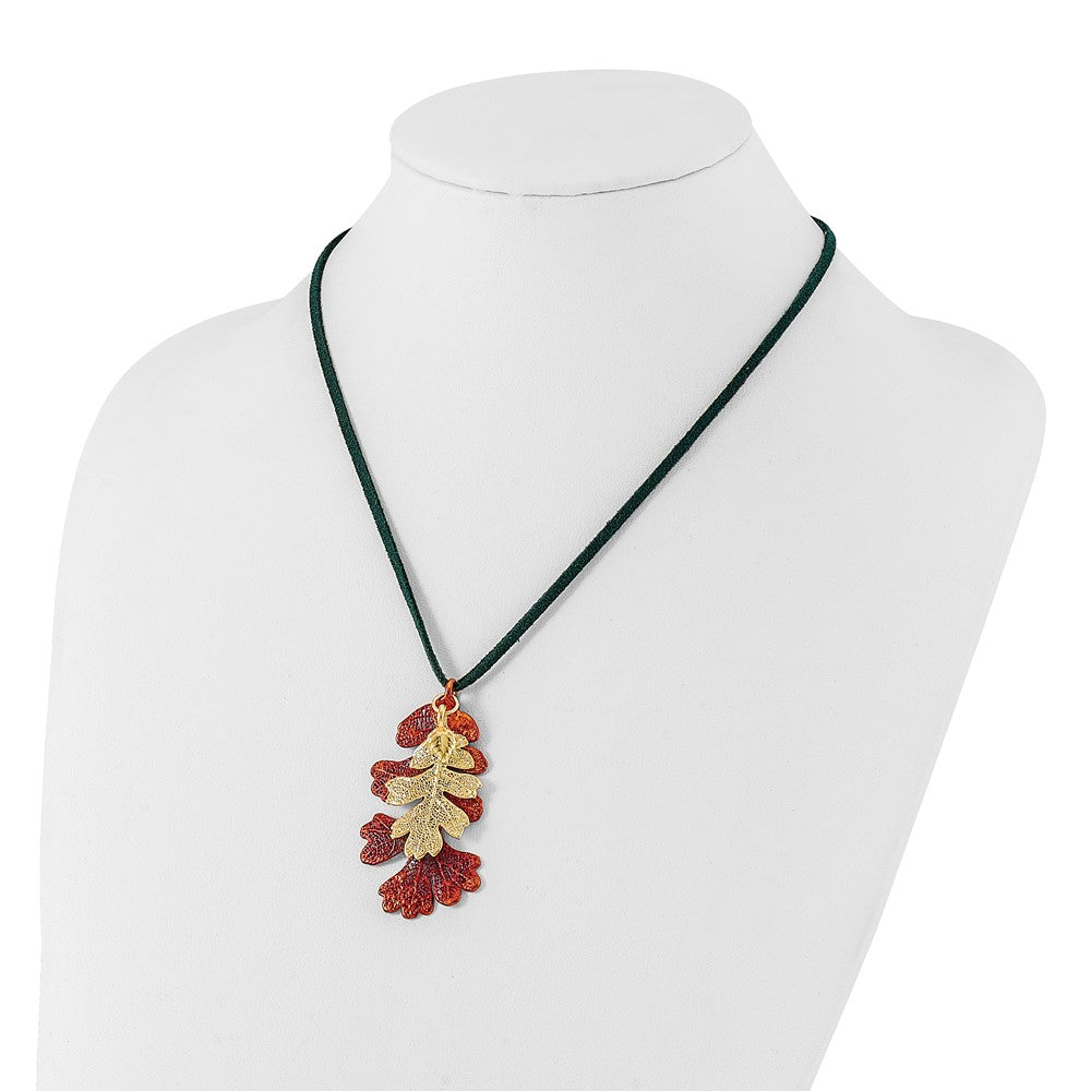 Fashion Iridescent Copper And 24K Gold Dipped Double Real Oak Leaves 20 Inch Leather Cord Necklace