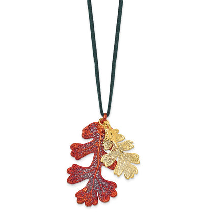 Fashion Iridescent Copper And 24K Gold Dipped Double Real Oak Leaves 20 Inch Leather Cord Necklace